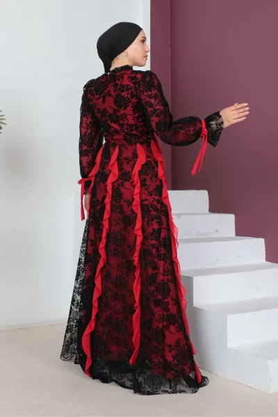 Fırfır Detaylı Dantel Tesettür Abiye Elbise 773-Siyah/Kırmızı