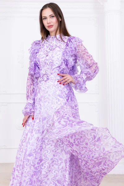 Fırfır Detaylı Önü Piliseli Boncuk İşlemeli Şifon Abiye 2734-Lila