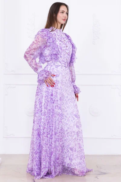 Fırfır Detaylı Önü Piliseli Boncuk İşlemeli Şifon Abiye 2734-Lila