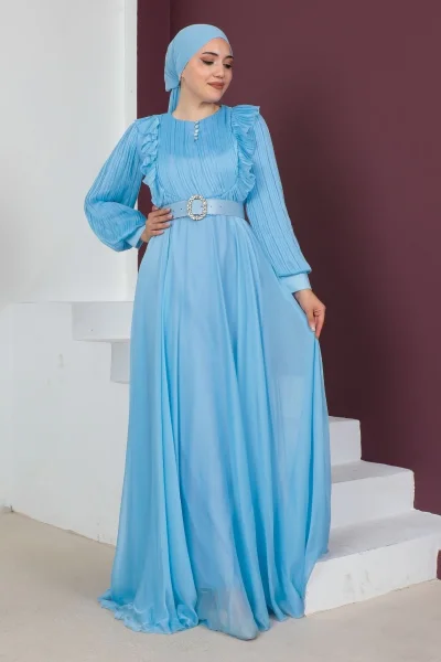 Fırfır Detaylı Pliseli Tesettür Abiye Elbise 760-Mavi