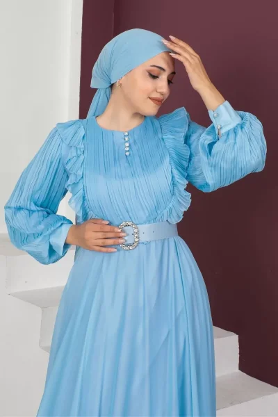 Fırfır Detaylı Pliseli Tesettür Abiye Elbise 760-Mavi