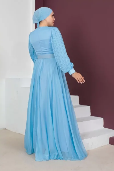 Fırfır Detaylı Pliseli Tesettür Abiye Elbise 760-Mavi