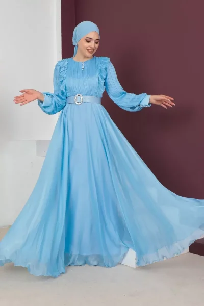 Fırfır Detaylı Pliseli Tesettür Abiye Elbise 760-Mavi
