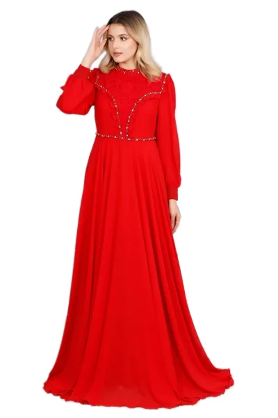 Fırfır Ve Dantel Detaylı Tesettür Abiye Elbise 726-Kırmızı
