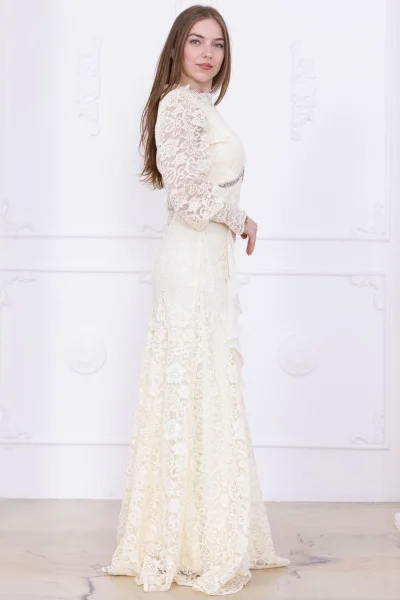 Fırfır Ve Taş Detaylı Dantel Abiye Elbise 2757-Bej