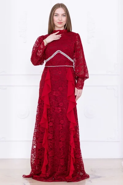 Fırfır Ve Taş Detaylı Dantel Abiye Elbise 2757-Bordo