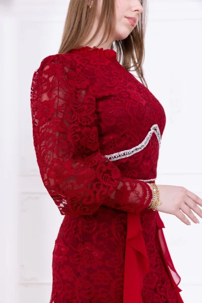 Fırfır Ve Taş Detaylı Dantel Abiye Elbise 2757-Bordo