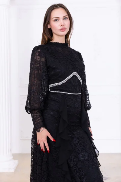 Fırfır Ve Taş Detaylı Dantel Abiye Elbise 2757-Siyah