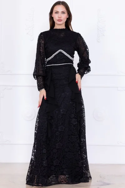 Fırfır Ve Taş Detaylı Dantel Abiye Elbise 2757-Siyah