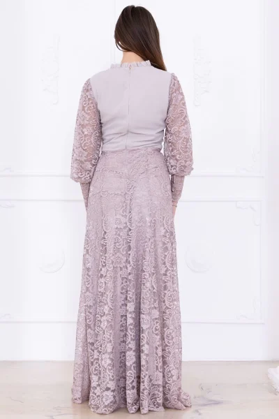 Fırfır Ve Taş Detaylı Dantel Abiye Elbise 2757-Bej