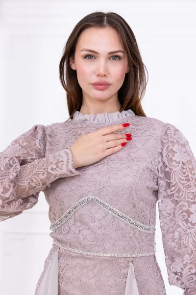 Fırfır Ve Taş Detaylı Dantel Abiye Elbise 2757-Bej