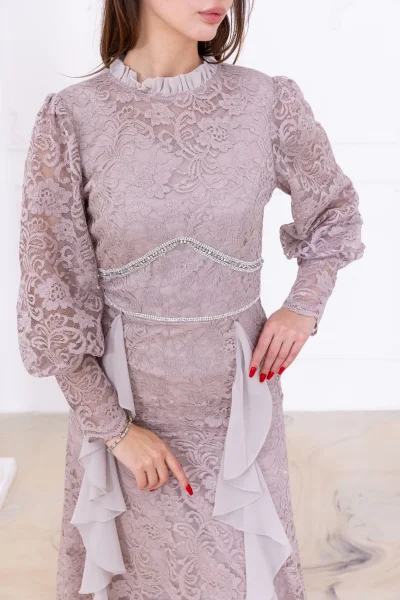 Fırfır Ve Taş Detaylı Dantel Abiye Elbise 2757-Bej