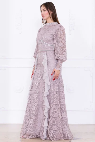 Fırfır Ve Taş Detaylı Dantel Abiye Elbise 2757-Bej