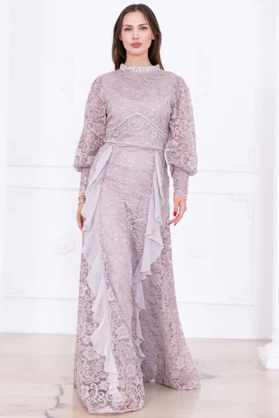 Fırfır Ve Taş Detaylı Dantel Abiye Elbise 2757-Bej