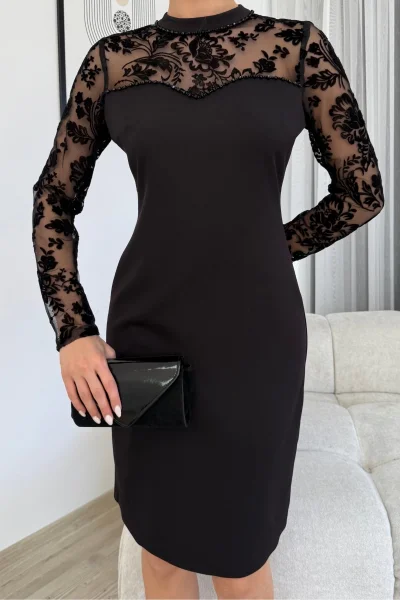 Flok Baskılı Boncuk İşlemeli Elbise 6023-Siyah