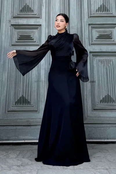 Göğüs Büzgü Detaylı Arkadan Bağlamalı Abiye Elbise 2287-Siyah