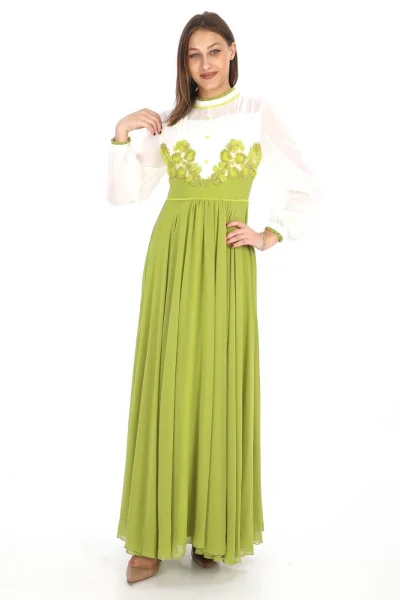 Göğüs Dantel İşlemeli Abiye Elbise 2702-Fıstık Yeşili