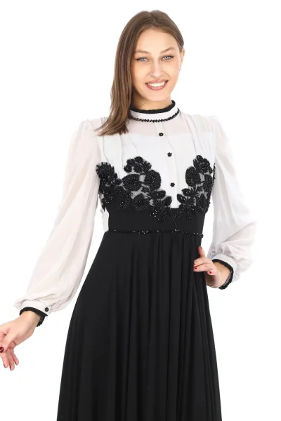 Göğüs Dantel İşlemeli Abiye Elbise 2702-Gri