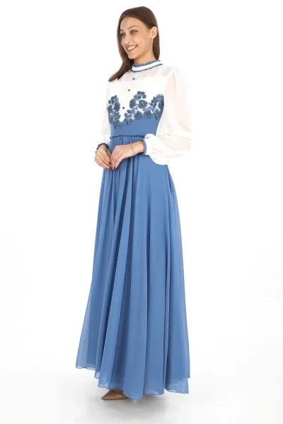 Göğüs Dantel İşlemeli Abiye Elbise 2702-İndigo