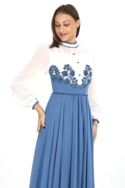 Göğüs Dantel İşlemeli Abiye Elbise 2702-İndigo