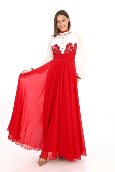 Göğüs Dantel İşlemeli Abiye Elbise 2702-Kırmızı