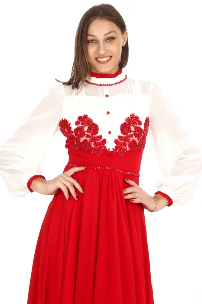 Göğüs Dantel İşlemeli Abiye Elbise 2702-Kırmızı