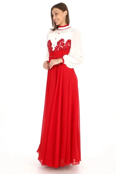Göğüs Dantel İşlemeli Abiye Elbise 2702-Kırmızı
