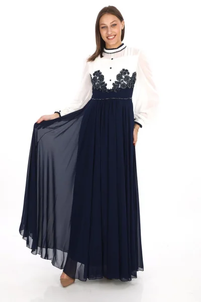 Göğüs Dantel İşlemeli Abiye Elbise 2702-Lacivert