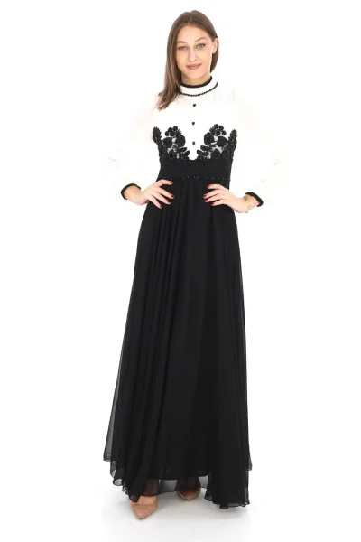 Göğüs Dantel İşlemeli Abiye Elbise 2702-Siyah