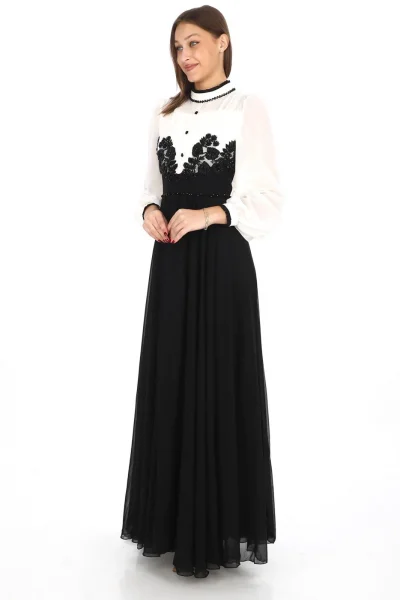 Göğüs Dantel İşlemeli Abiye Elbise 2702-Siyah