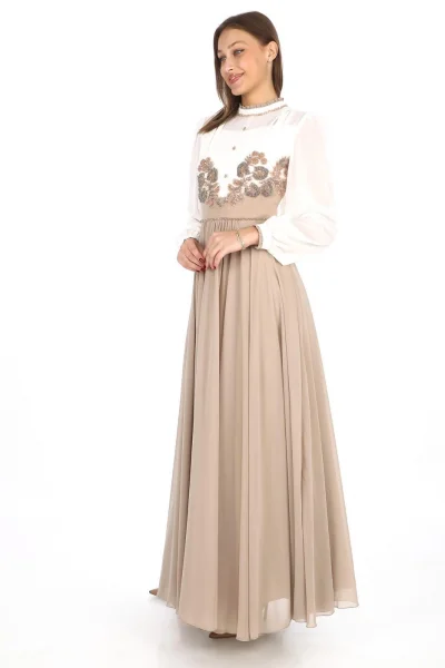 Göğüs Dantel İşlemeli Abiye Elbise 2702-Vizon