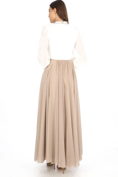 Göğüs Dantel İşlemeli Abiye Elbise 2702-Vizon