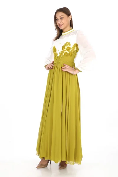 Göğüs Dantel İşlemeli Abiye Elbise 2702-Yağ Yeşili
