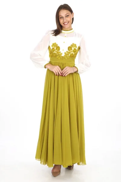 Göğüs Dantel İşlemeli Abiye Elbise 2702-Yağ Yeşili