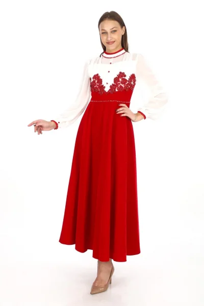 Göğüs Dantel İşlemeli Kadife Abiye 2743-Kırmızı