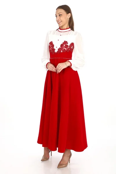 Göğüs Dantel İşlemeli Kadife Abiye 2743-Kırmızı