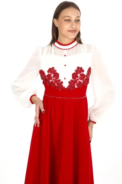 Göğüs Dantel İşlemeli Kadife Abiye 2743-Kırmızı