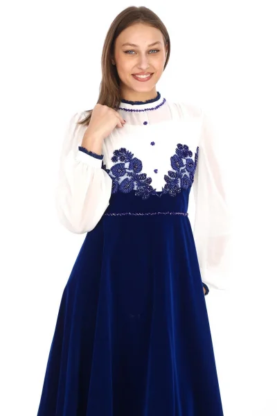 Göğüs Dantel İşlemeli Kadife Abiye 2743-Saks