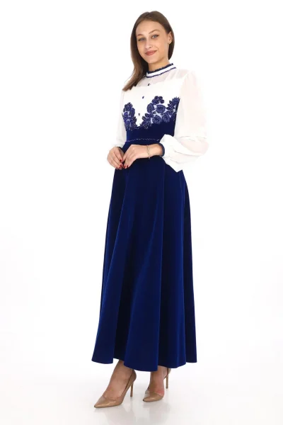 Göğüs Dantel İşlemeli Kadife Abiye 2743-Saks