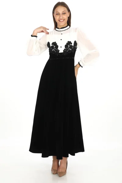 Göğüs Dantel İşlemeli Kadife Abiye 2743-Siyah