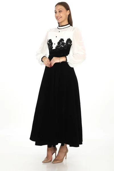 Göğüs Dantel İşlemeli Kadife Abiye 2743-Siyah