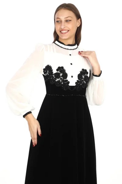 Göğüs Dantel İşlemeli Kadife Abiye 2743-Siyah