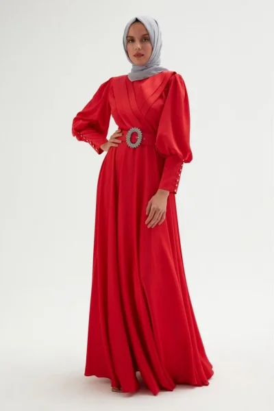 Göğüs Detaylı Saten Elbise 696-Kırmızı