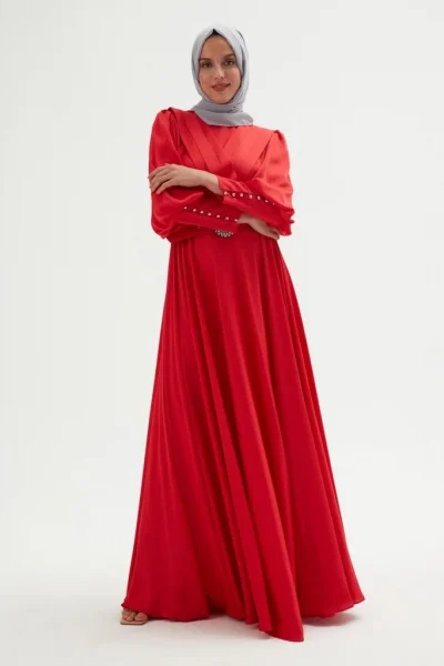 Göğüs Detaylı Saten Elbise 696-Kırmızı