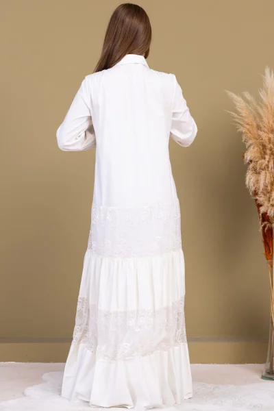 Göğüs İşleme Detaylı Pamuklu Elbise 2703-Beyaz