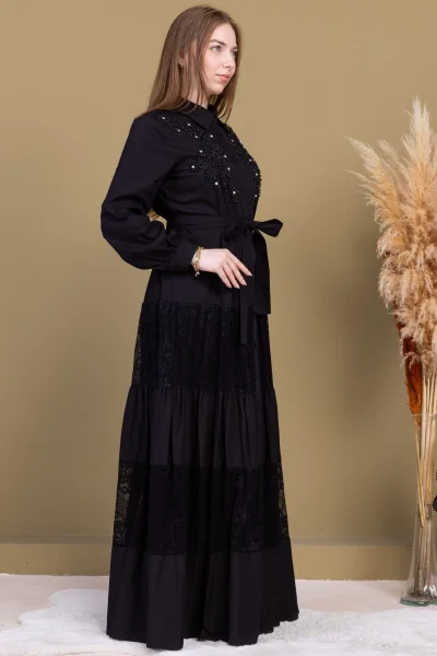 Göğüs İşleme Detaylı Pamuklu Elbise 2703-Siyah