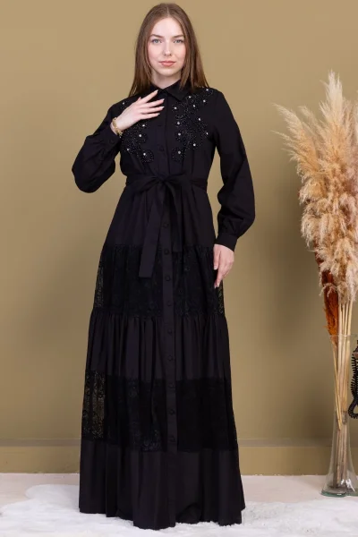 Göğüs İşleme Detaylı Pamuklu Elbise 2703-Siyah