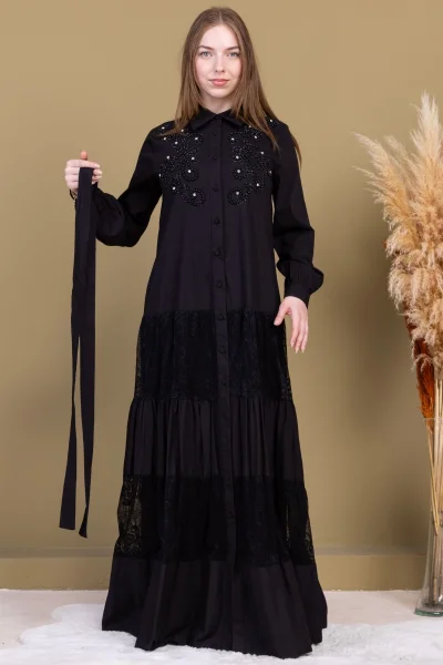 Göğüs İşleme Detaylı Pamuklu Elbise 2703-Siyah