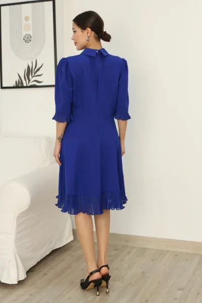 Gömlek Yaka Fırfır ve Tül Detaylı Elbise 2309-Saks