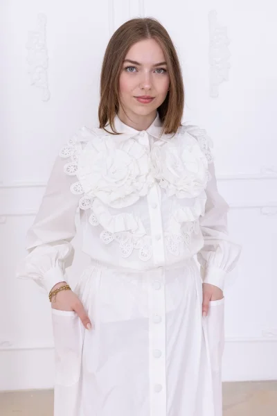 Güllü Tasarım ve Dantel Detaylı Pamuk İkili Takım 4710-Beyaz